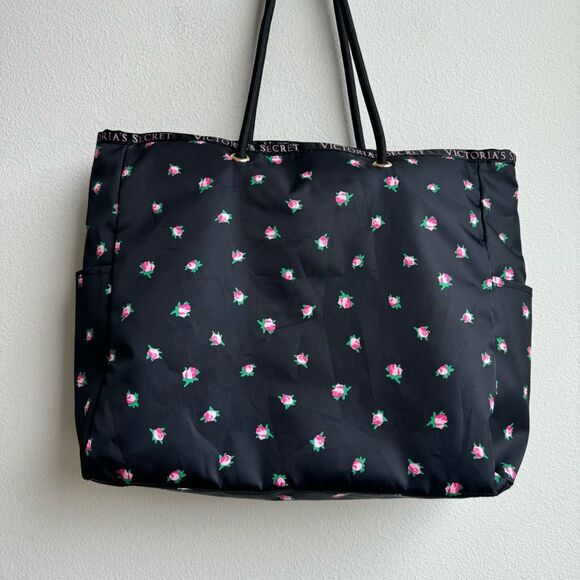 Victoria’s Secret Reversible Pink Black Stripe Floral Large Weekender Carry Tote - Picture 5 of 11